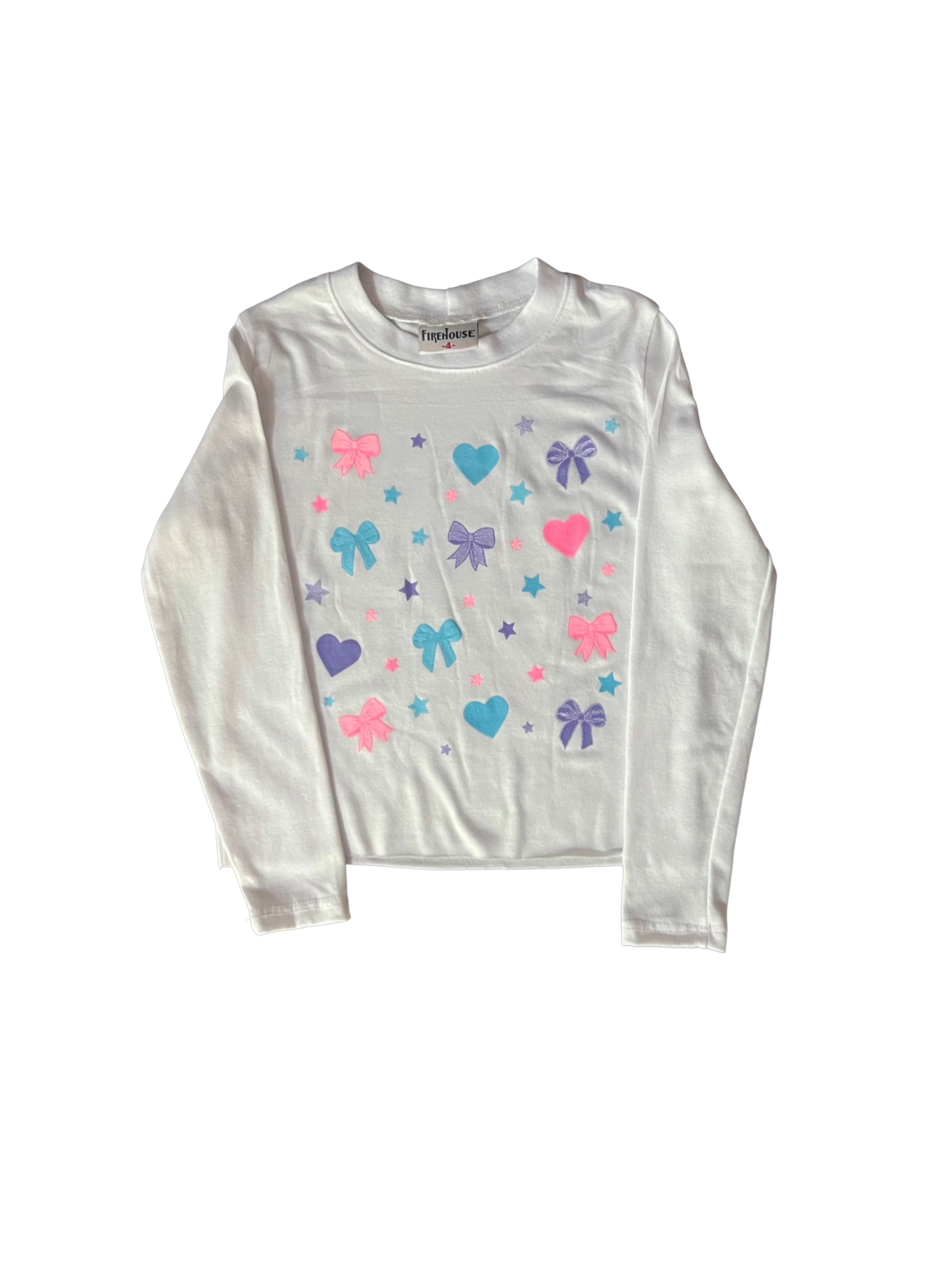 White long-sleeve shirt with colorful bow and heart patterns on a white background