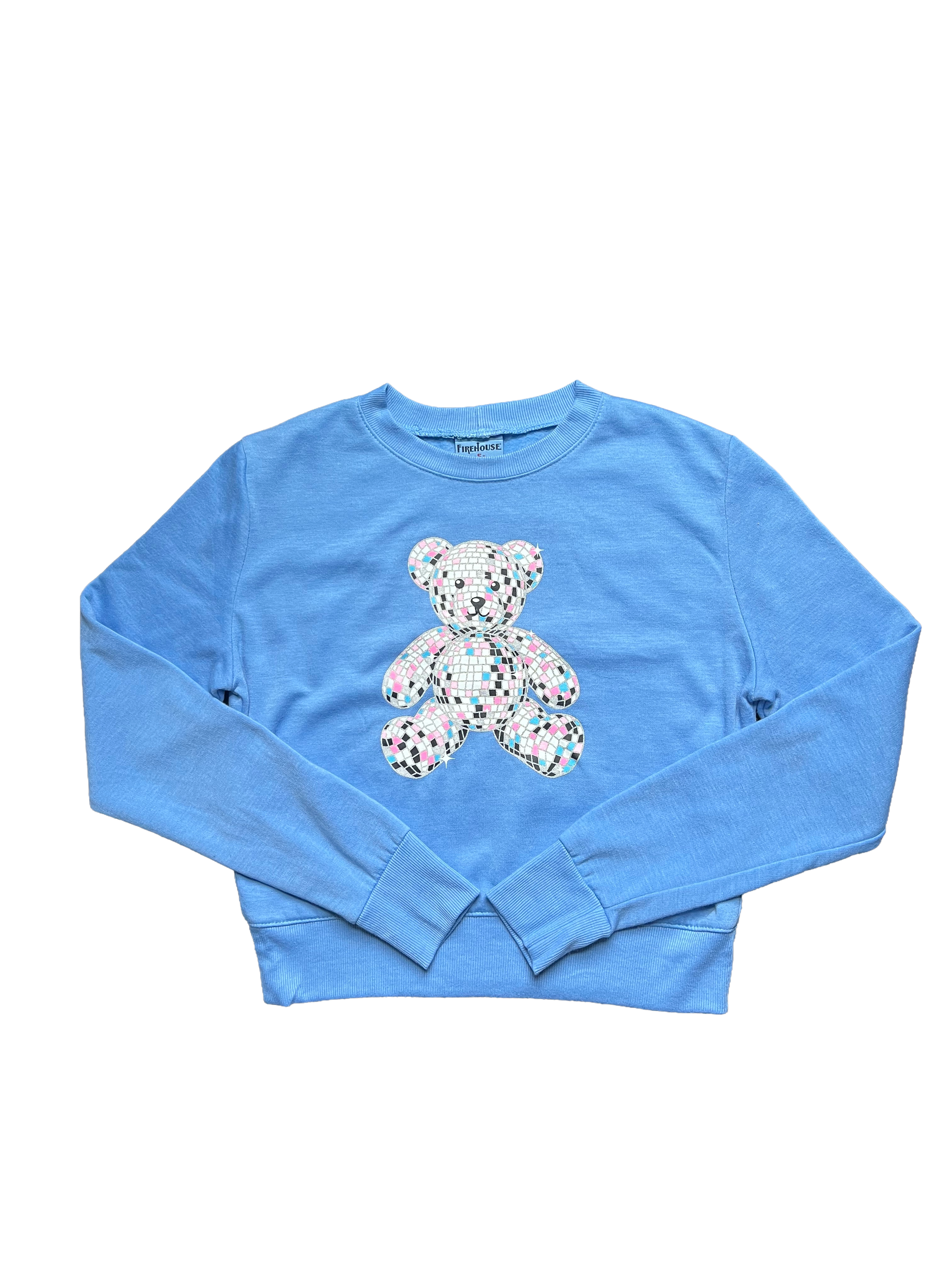 Blue sweatshirt with a colorful teddy bear design on a white background