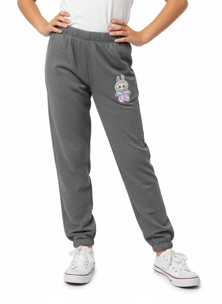 Gray sweatpants with a bunny design on a white background