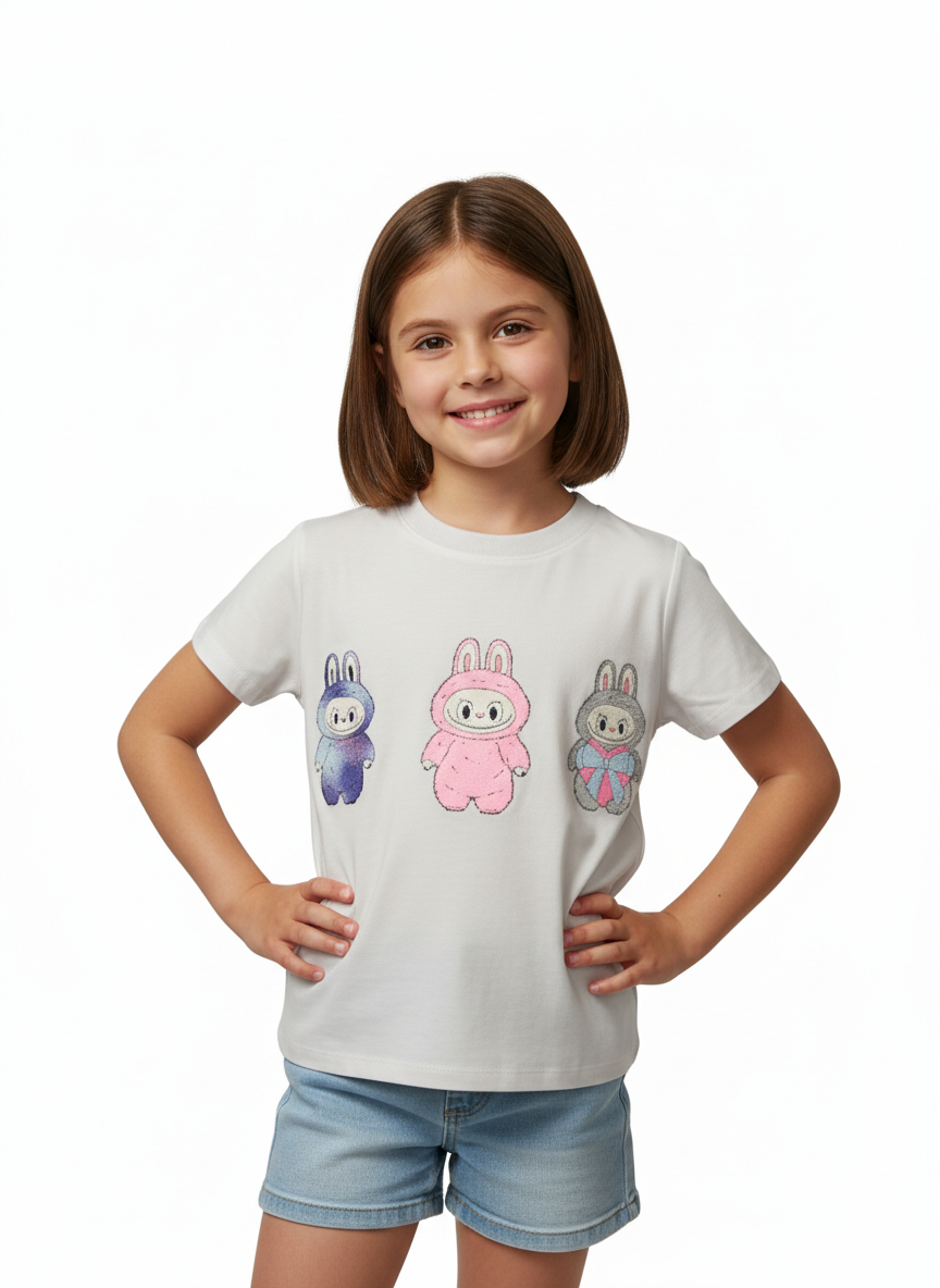 Young girl wearing a white t-shirt with cartoon characters on a white background