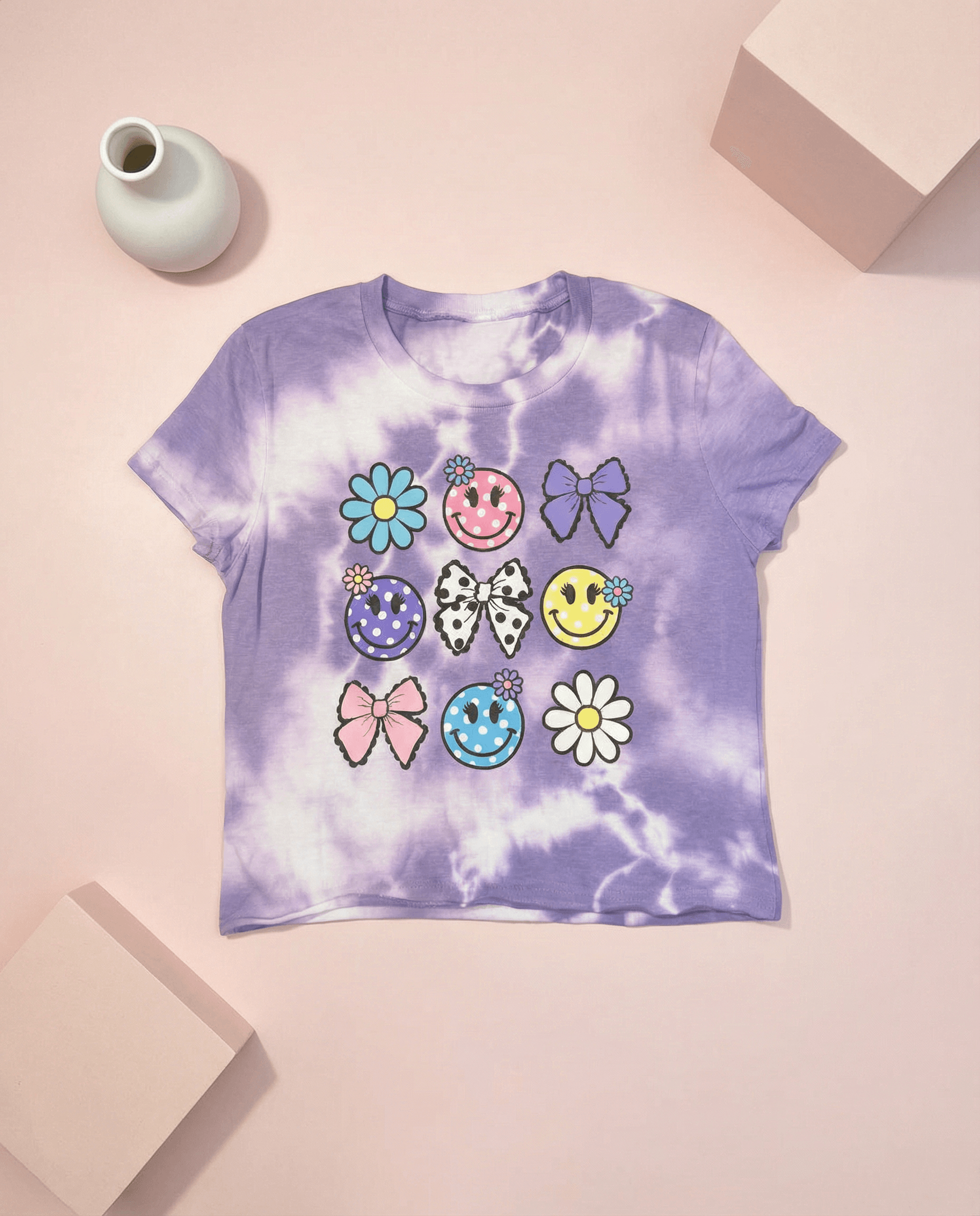 Flower Bow Smiley Face Short Tee Violet Cloud - SoSo Dressed