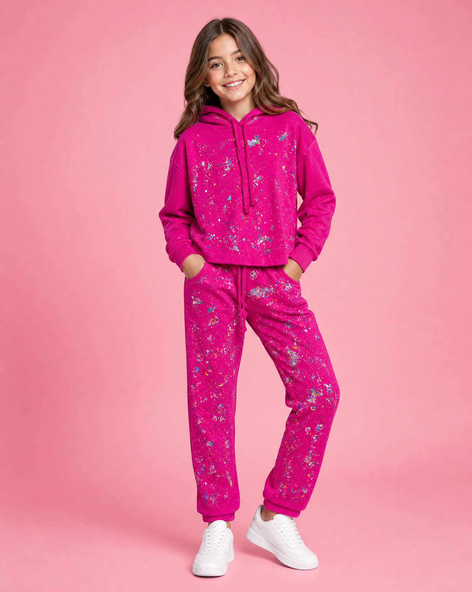 Girls Fuchsia Splatter Hoodie & Pant Set
