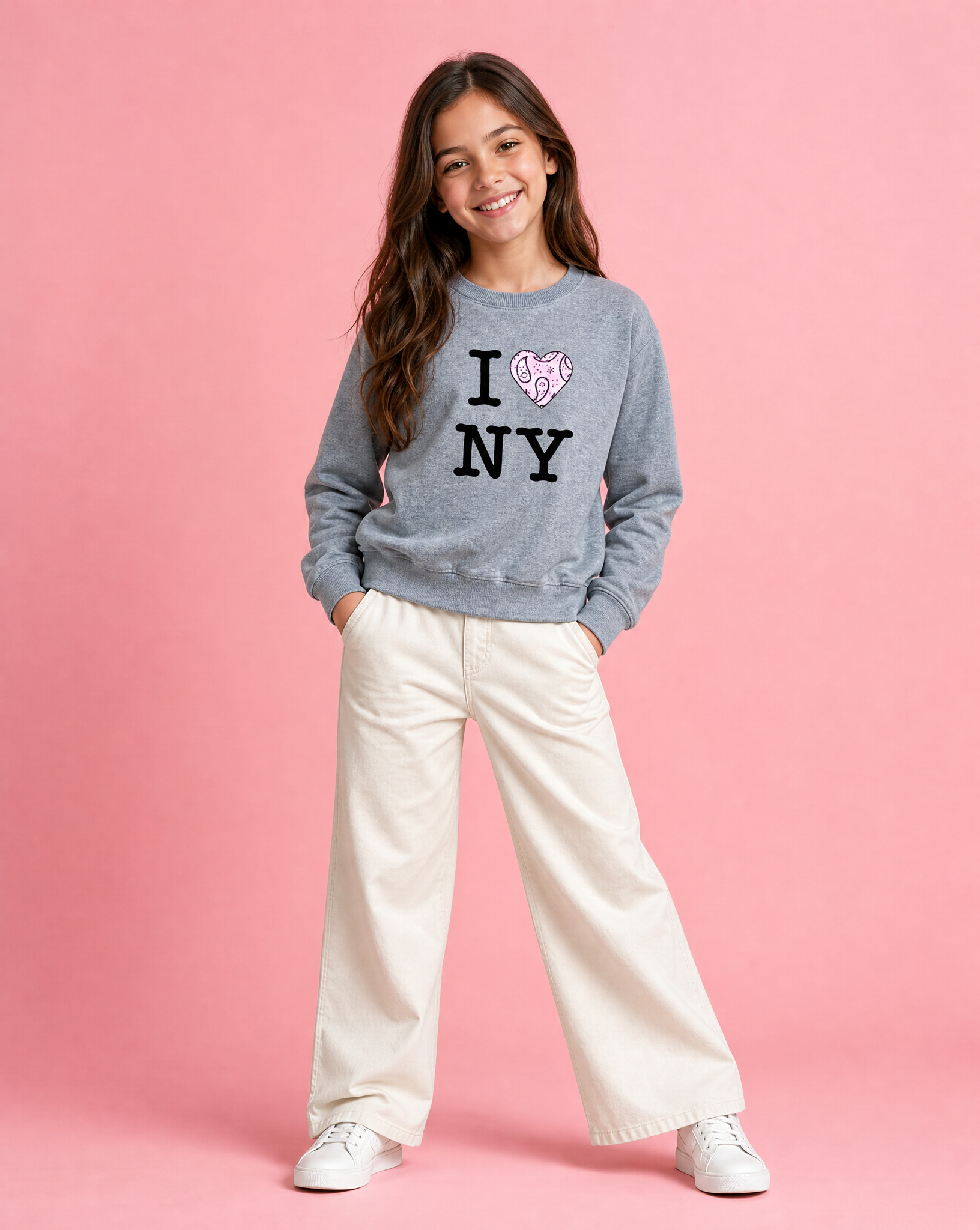 Girls Heather Grey Heart NY Fleece Tee