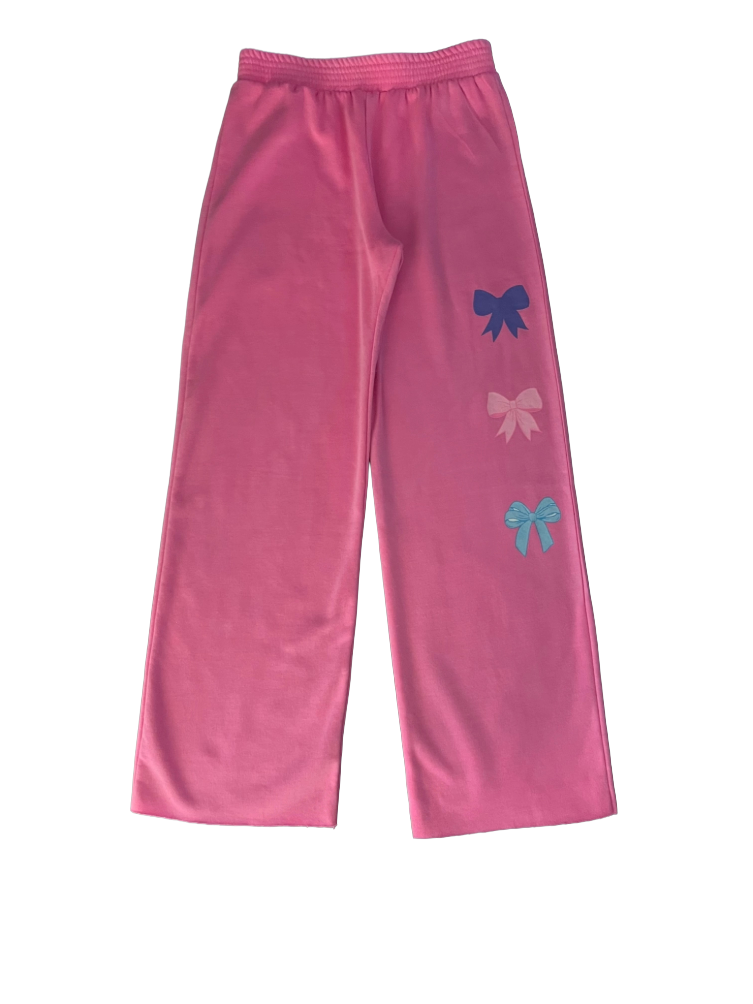 Pink pants with bow designs on a white background