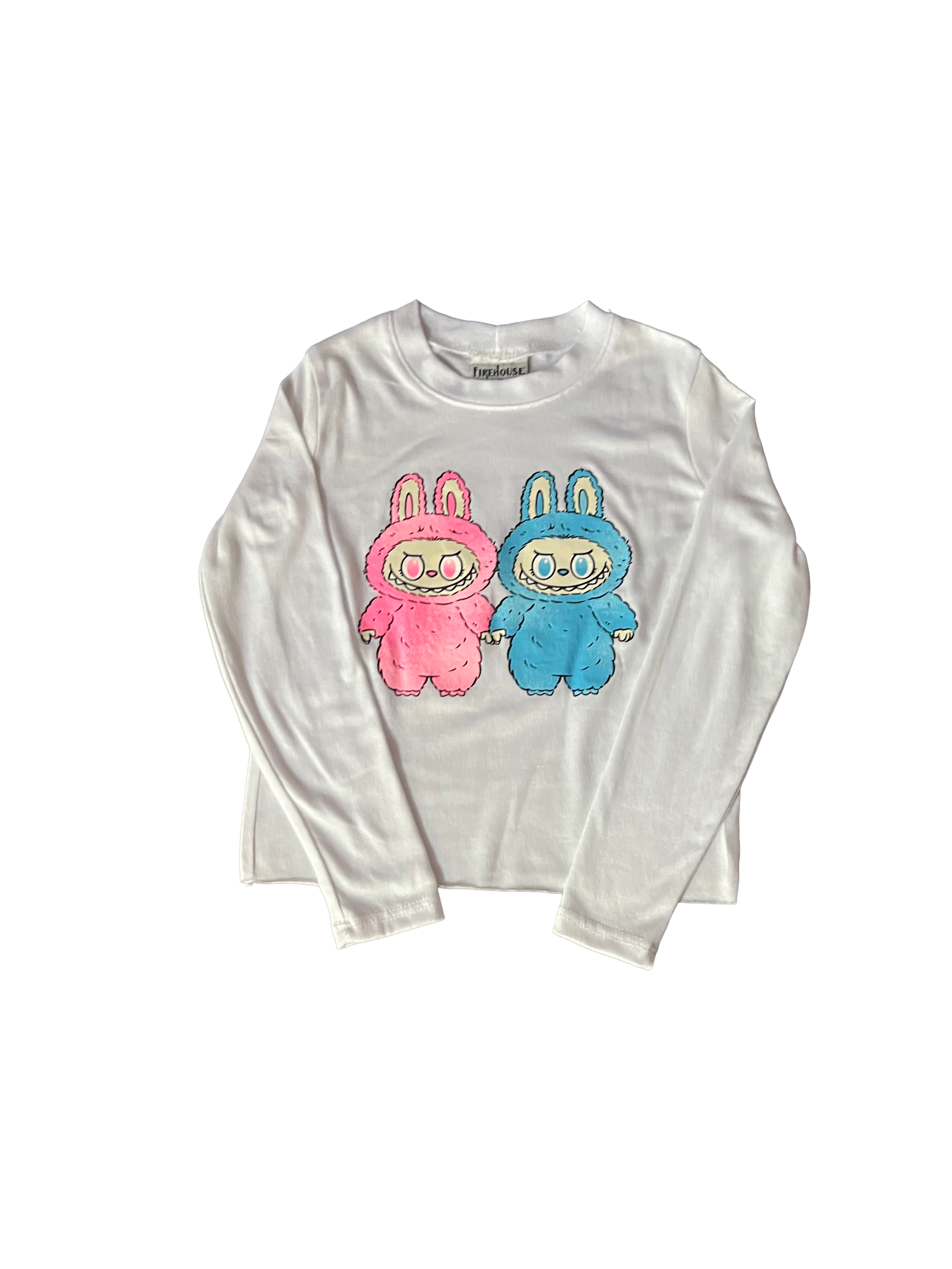 White long-sleeve shirt with colorful cartoon characters on a white background