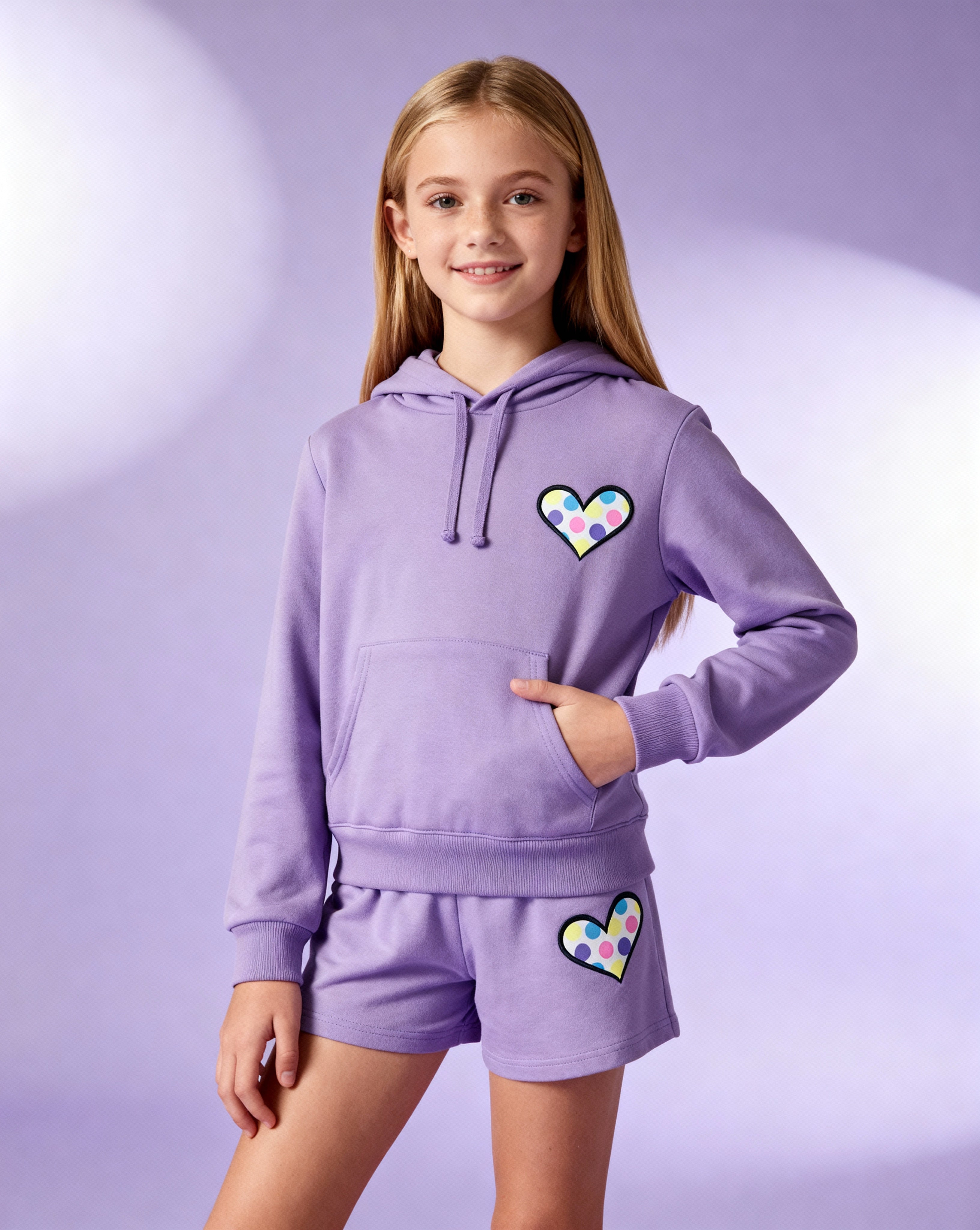 Hearts Toss Multi Hooded Long Sleeve Violet - SoSo Dressed