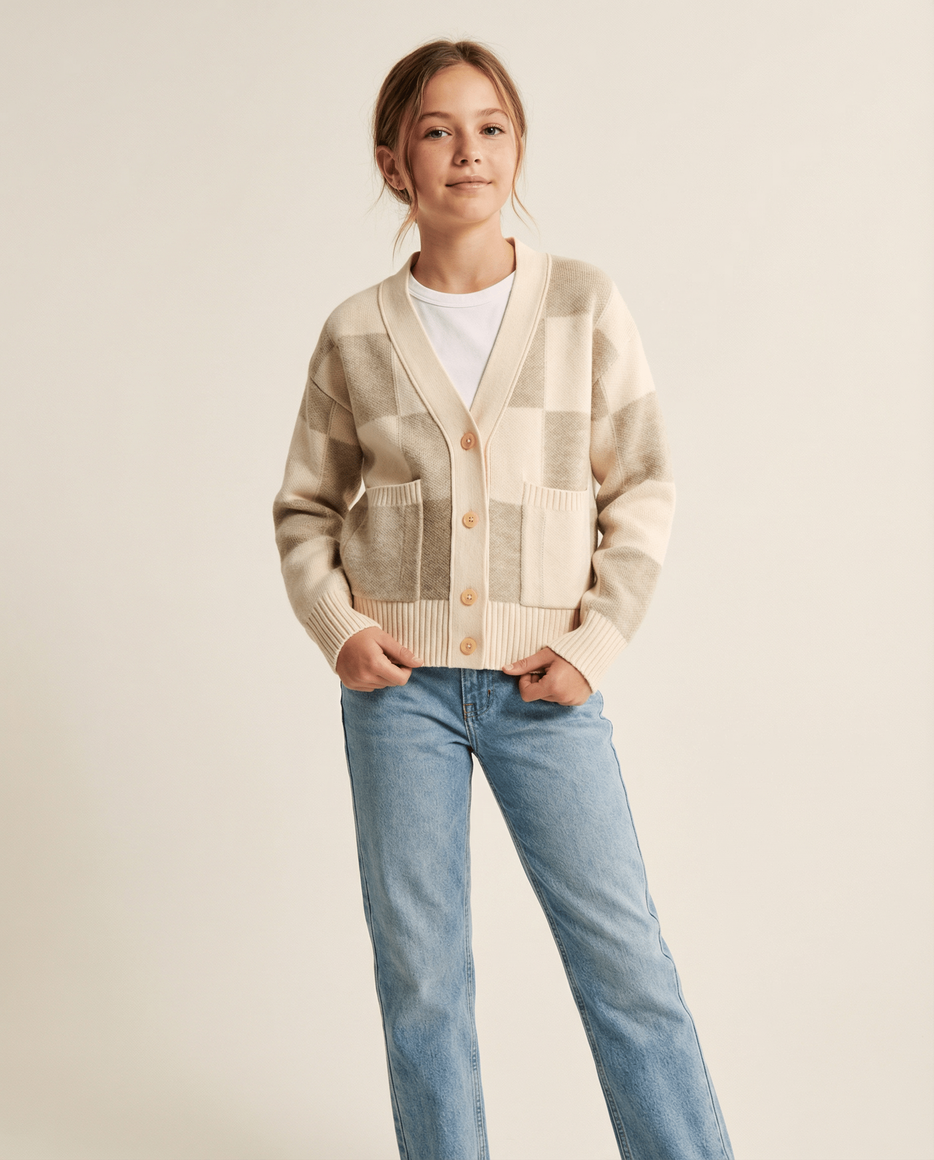 girls ivory oatmeal checkered knit cardigan