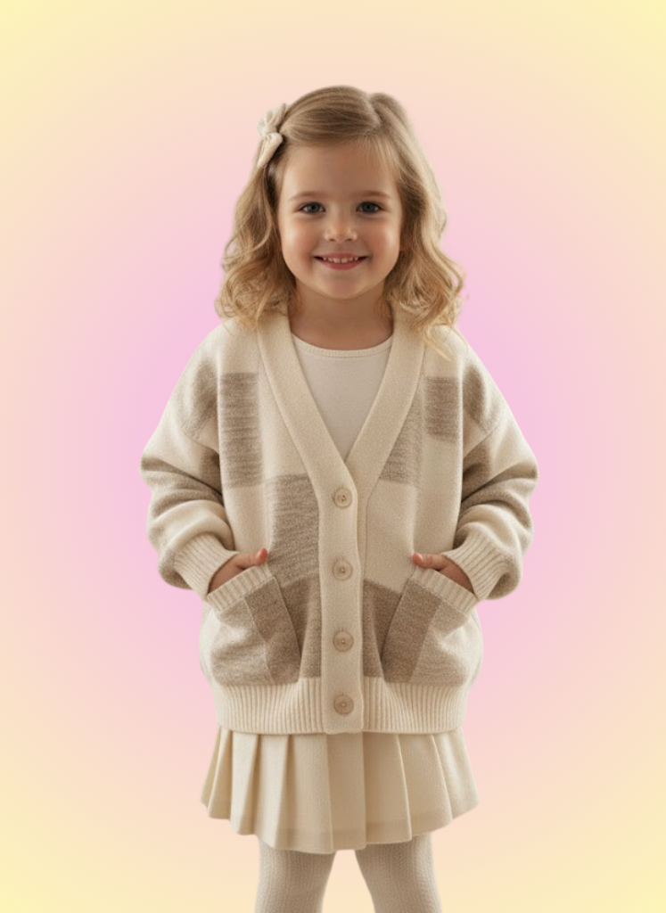 Ivory / Oatmeal Checkered Pocket Cardigan