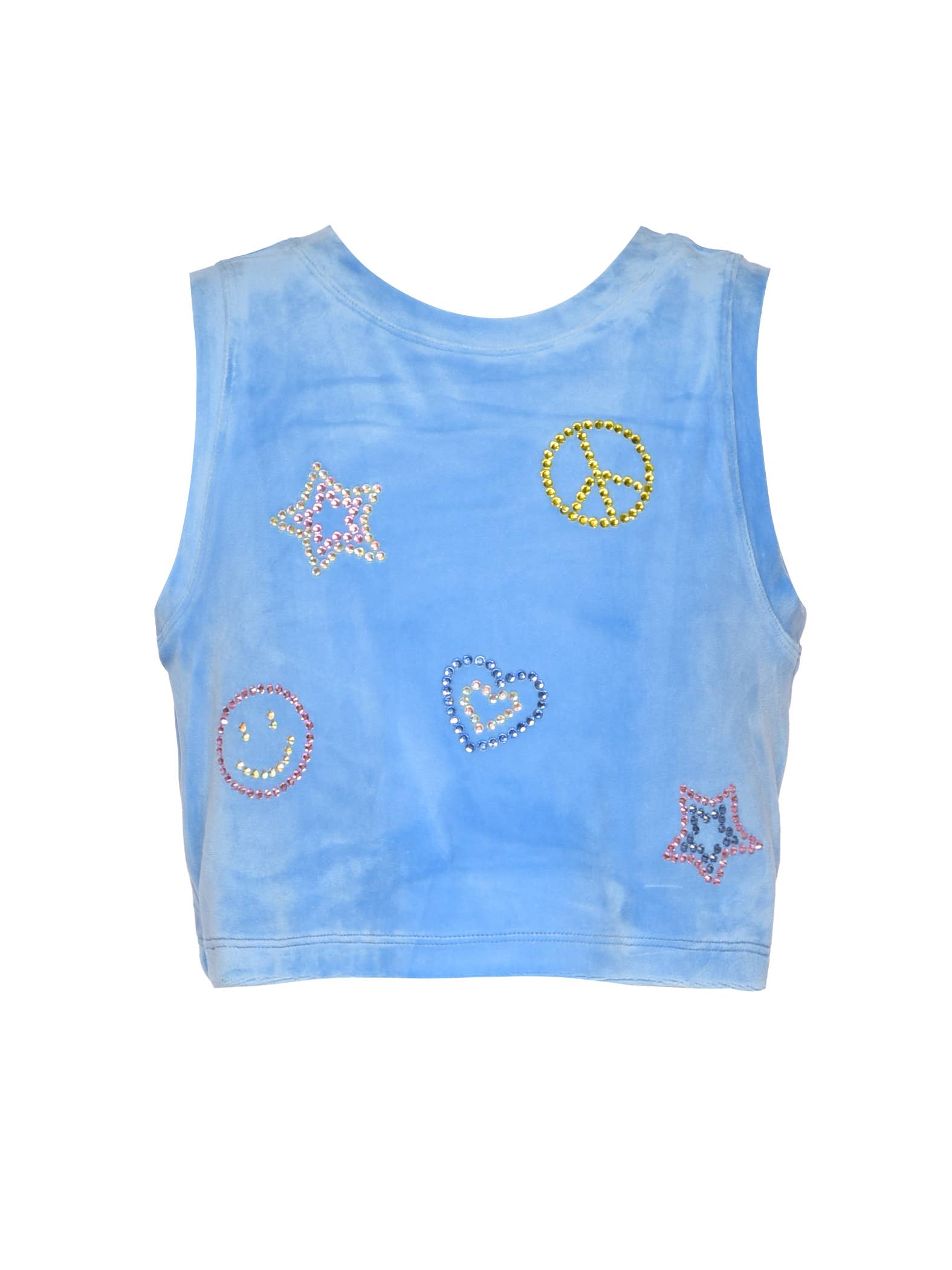 Hannah Banana Sleeveless Velour Top Rhinestone Emoji Blue