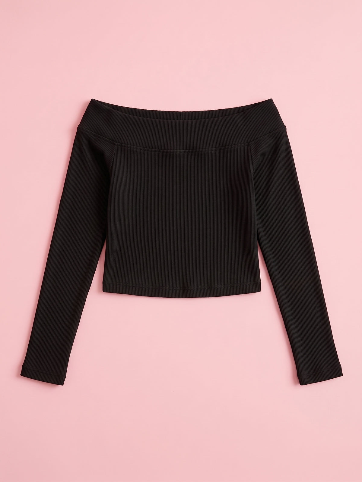 Girls Black Off Shoulder Ribbed Top