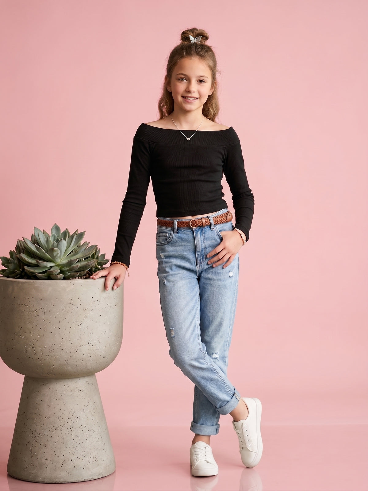 Girls Black Off Shoulder Ribbed Top