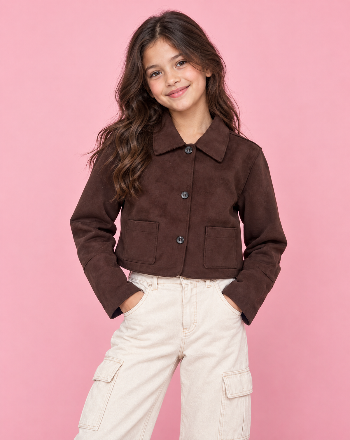Girls Chocolate Suede Crop Jacket