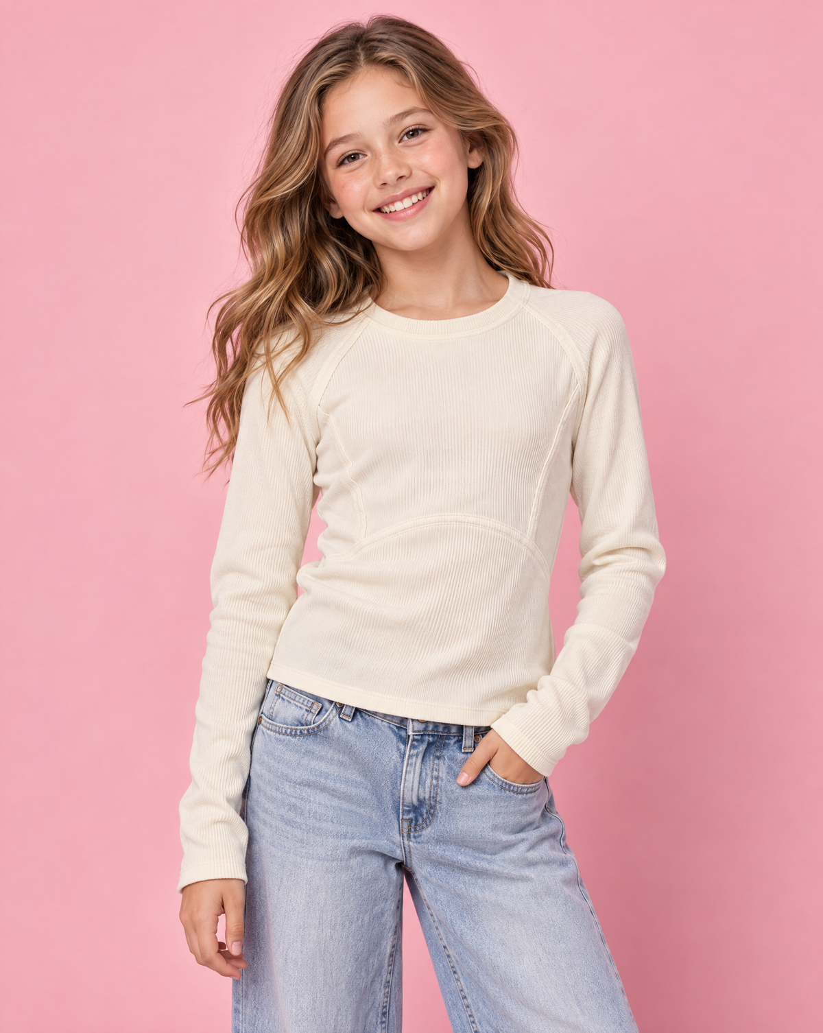 Girls Ecru Ribbed Raglan Top