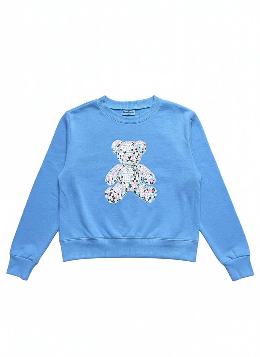 Blue sweatshirt with a floral teddy bear design on a white background