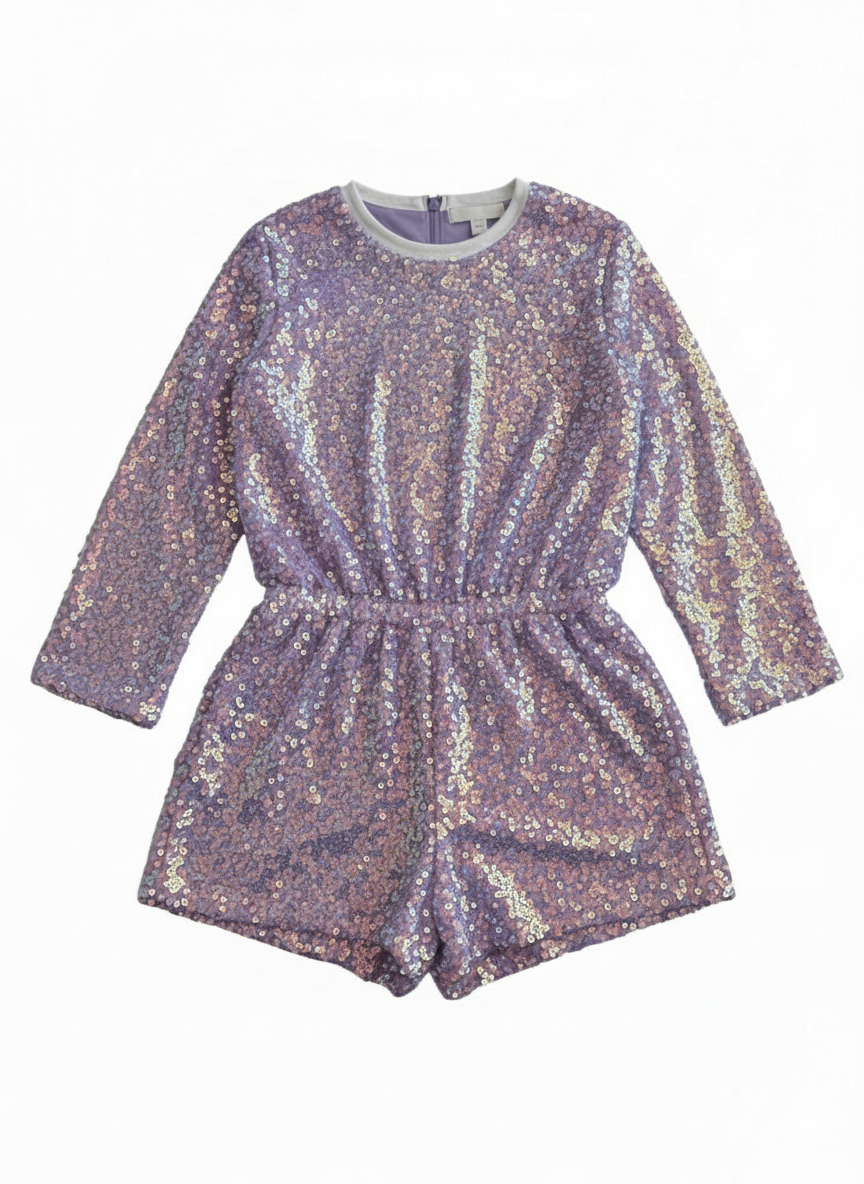 Iridescent sequin romper on a white background