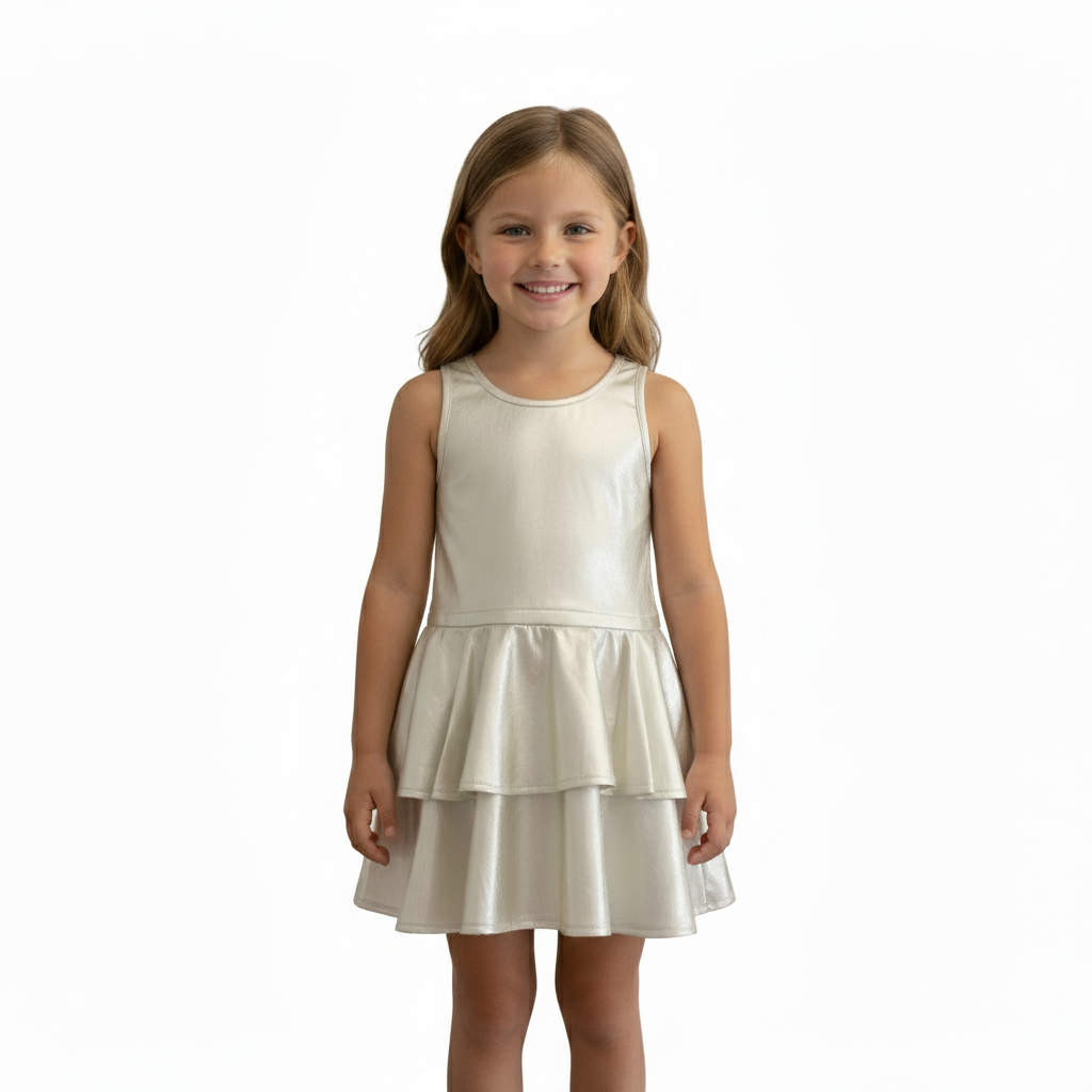 Young girl wearing a white dress on a white background