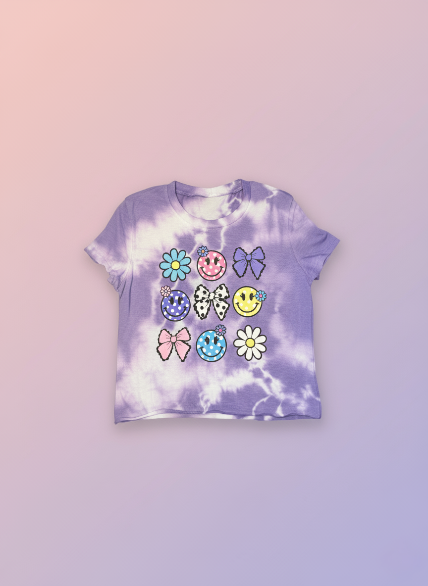 Flower Bow Smiley Face Short Tee Violet Cloud - SoSo Dressed