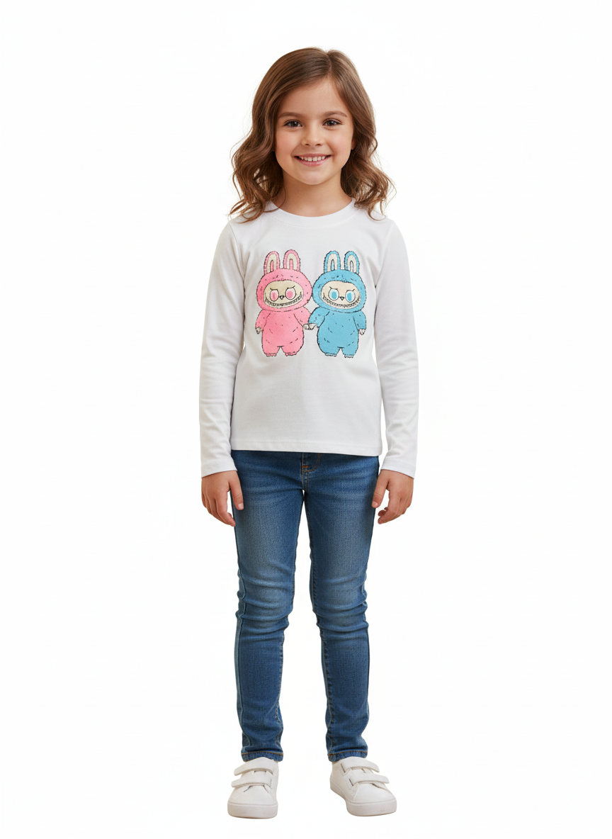 Young girl wearing a white long-sleeve shirt with colorful characters and blue jeans on a white background