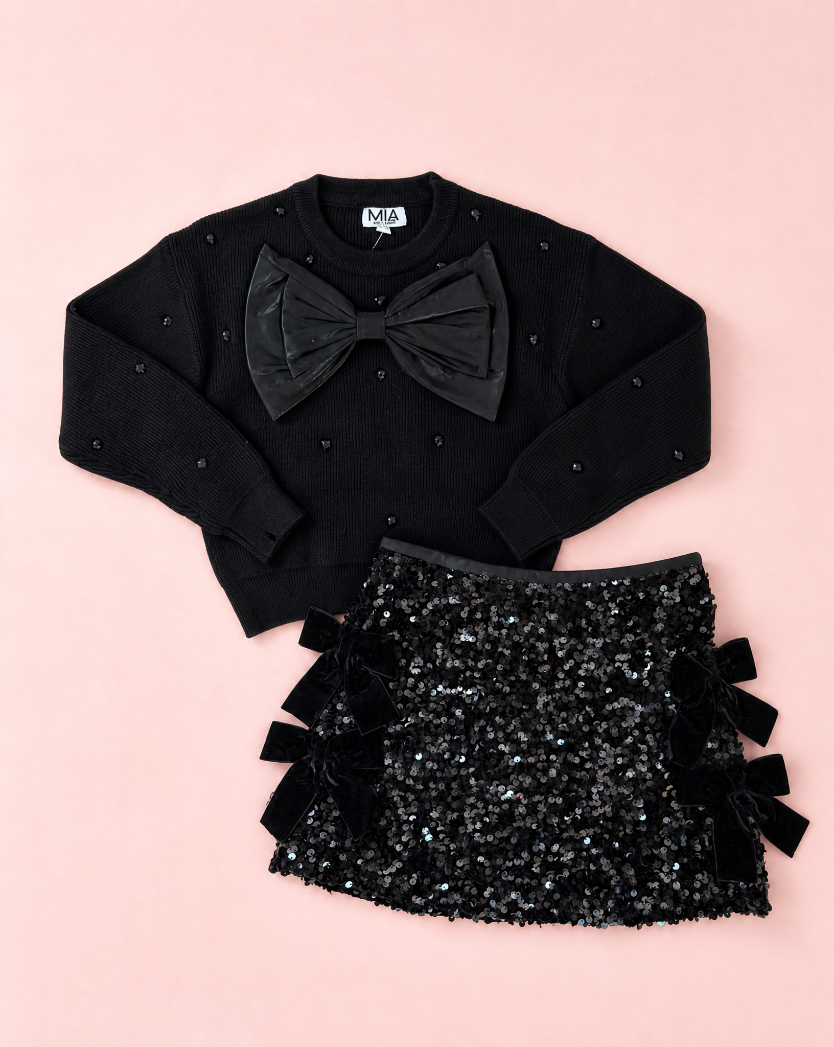 Girls Black Bow Sweater & Skort Set
