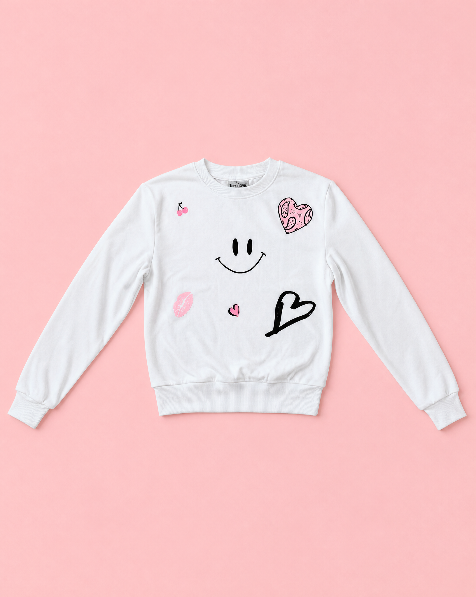 Girls White Smile Toss Fleece Long Sleeve Tee