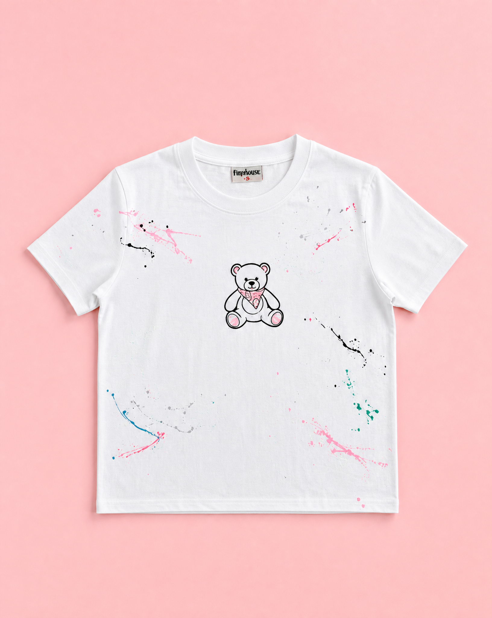 Girls White Teddy Bear Splatter Tee