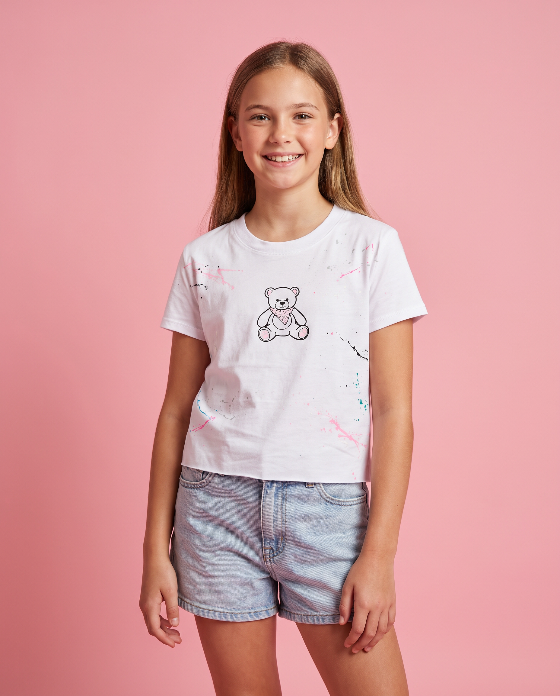 Girls White Teddy Bear Splatter Tee