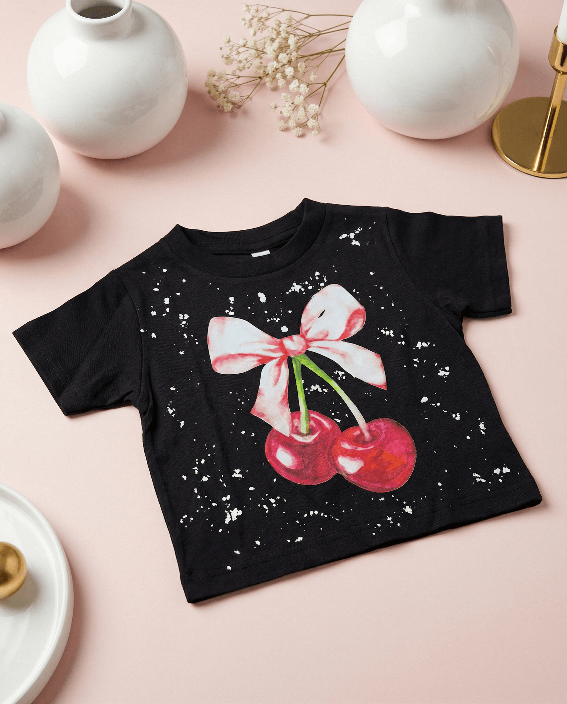 Cherry Bow Splatter Short Sleeve Tee - SoSo Dressed