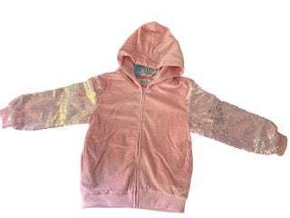 Pink hoodie with colorful sleeves on a white background