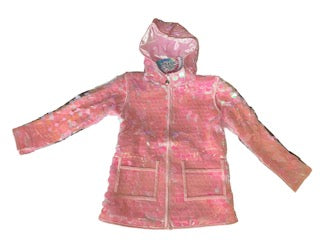 Pink winter coat with a hood on a white background